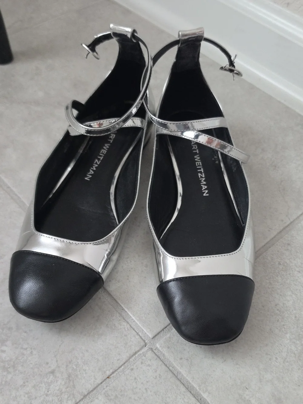 Stuart Weitzman Silver and Black Cap-Toe Ankle-Strap Flats